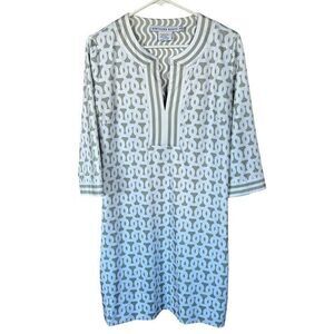 Gretchen‎ Scott Womens Medium Split Neck Jersey Dress Loop DeLu Geo Gray White